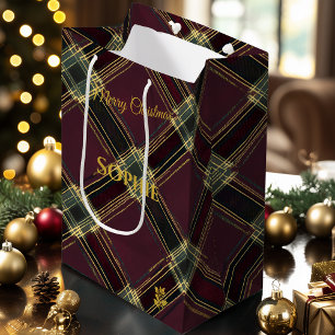 Moyen Sac Cadeau de Noël Plaid Tartan Motif Doré