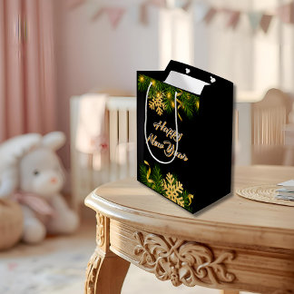 Moyen Sac Cadeau de Nouvel An Élégant Noir et Or