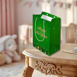 Moyen Sac Cadeau du Nouvel An en Or Vert