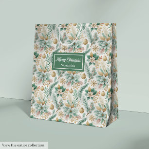 Moyen Sac Cadeau Élégant Floral de Noël Vert Aneth Chic