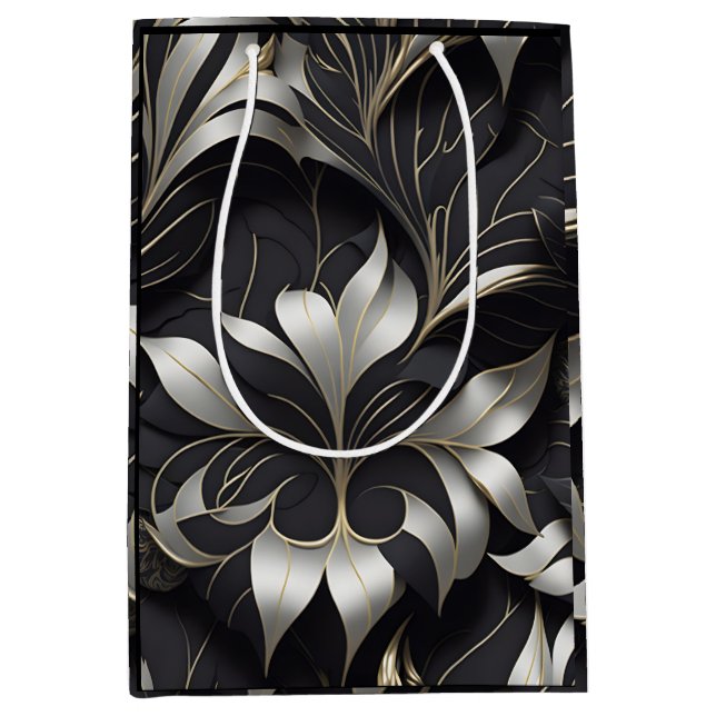 Moyen Sac cadeau Floral Noir Moderne (Devant)