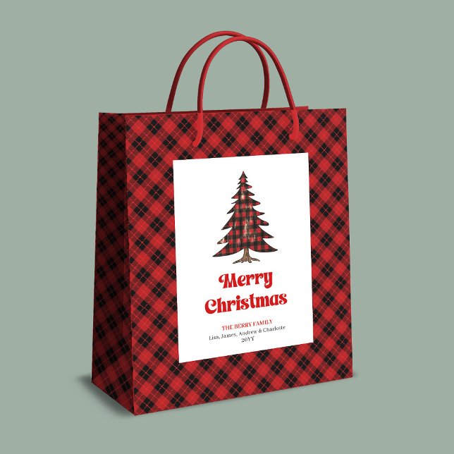 Moyen Sac cadeau personnalisé arbre tartan rouge noir cl (Classic red black tartan tree gift bag personalized)