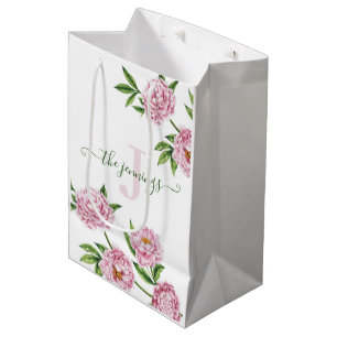 Moyen Sac cadeau photo aquarelle pivoine rose monogrammé
