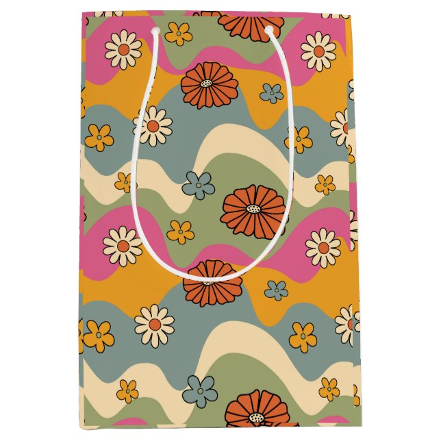 Moyen Sac cadeau rétro floral inspiré des années 70 (Devant)