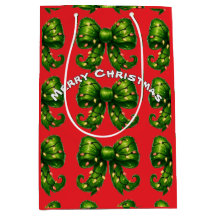 Sac Cadeau Rouge avec Motif de Nœud de Noël Vert