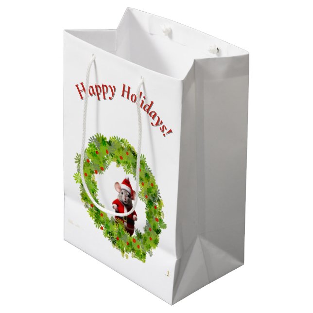 Moyen Sac cadeau - Souris Père Noël en couronne (Devant Angle)