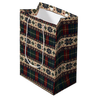 Moyen Sac de cadeau de Noël à carreaux et flocons de nei