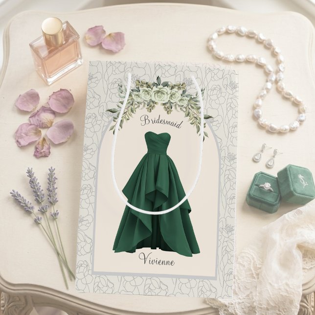 Moyen Sac de cadeau de proposition de demoiselle d'honne (Custom bridesmaid proposal gift bag elegant emerald green bachelorette favor bag with name)
