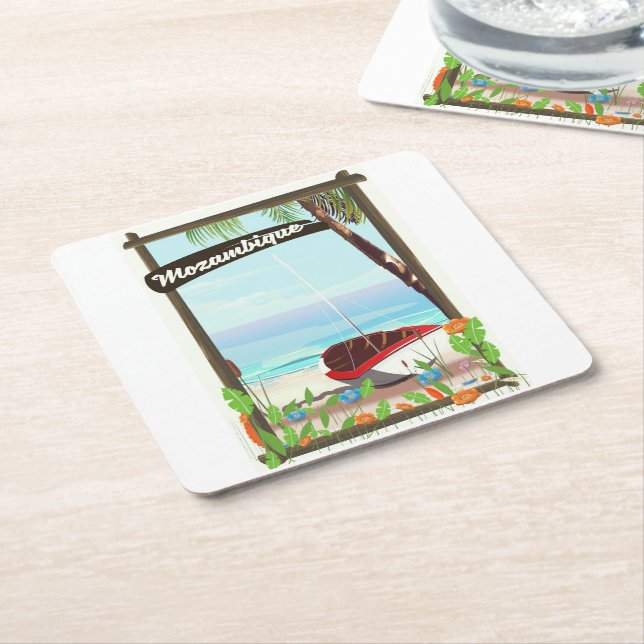 Mozambique Fishing boat cartoon vacation poster Square Paper Coaster (Angled)
