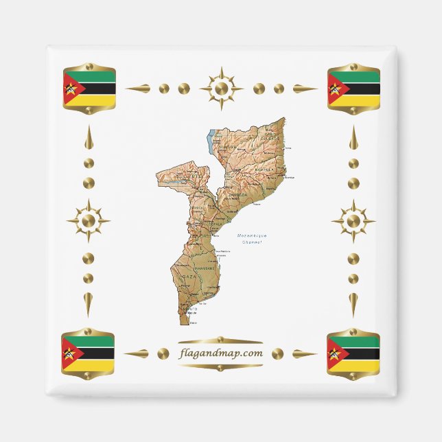 Mozambique Map + Flags Magnet (Front)