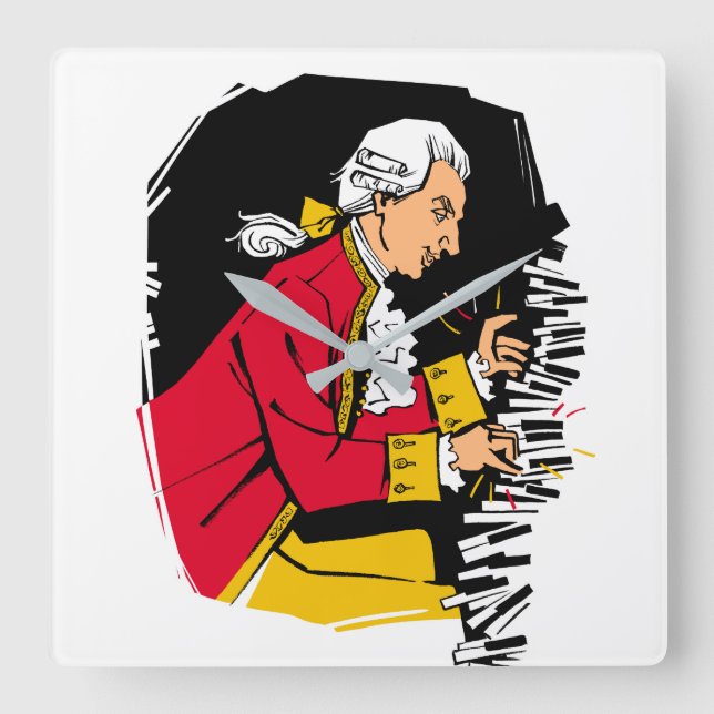 Mozart plays piano square wall clock (Front)