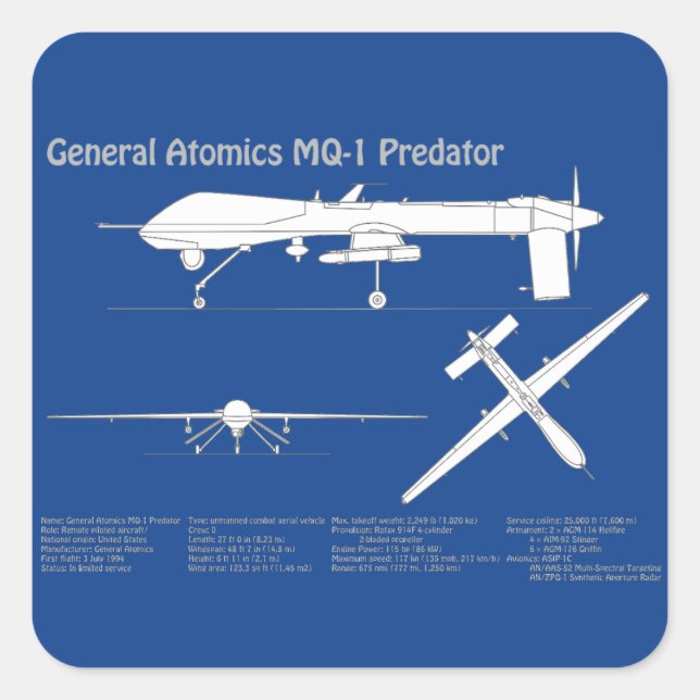 MQ-1 Predator  UAV- Airplane Blueprint ABD Square Sticker (Front)