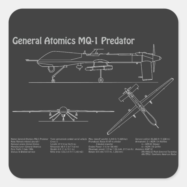MQ-1 Predator  UAV- Airplane Blueprint PD  Square Sticker (Front)