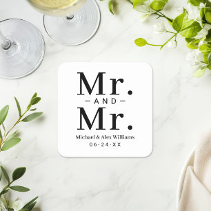 Mr and Mr Black and White Wedding Square Paper Coaster