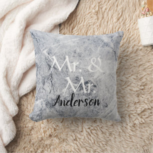 Mr. and Mr. Custom name grey marble gay wedding Throw Pillow