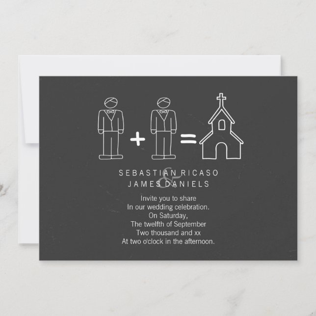 Mr and Mr Doodle Church Chalkboard Gay Wedding Invitation (Front)