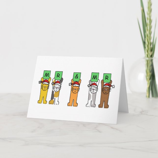 Mr and Mr Gay Christmas Cats in Santa Hats Holiday Card (Front)