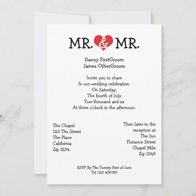 Mr and Mr Love Heart Gay Wedding Invitation (Front)