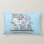Mr and Mr Personalized Gay Wedding Gift Lumbar Pillow<br><div class="desc">A special wedding gift on a special day for the happy gay couple; this cute word art pillows, "MR and MR" with a cute pair of love birds and bird house in pink and blue. Don't forget to personalize it with the date of the wedding and their name or initials...</div>