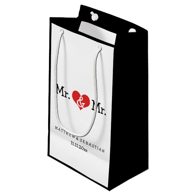 Mr and Mr Red Heart Wedding Personalized Small Gift Bag (Front Angled)