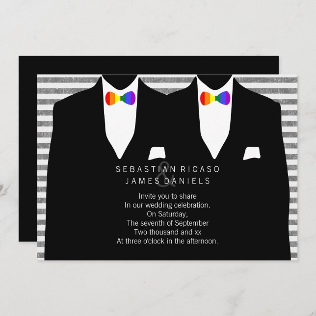 Mr and Mr Suit and Rainbow Bow Tie Gay Wedding Invitation (Front/Back)