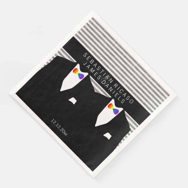 Mr and Mr Suit and Rainbow Bow Tie Gay Wedding Napkin (Corner)