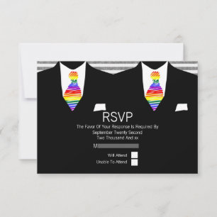 Mr and Mr Suit and Rainbow Tie Gay Wedding RSVP Card