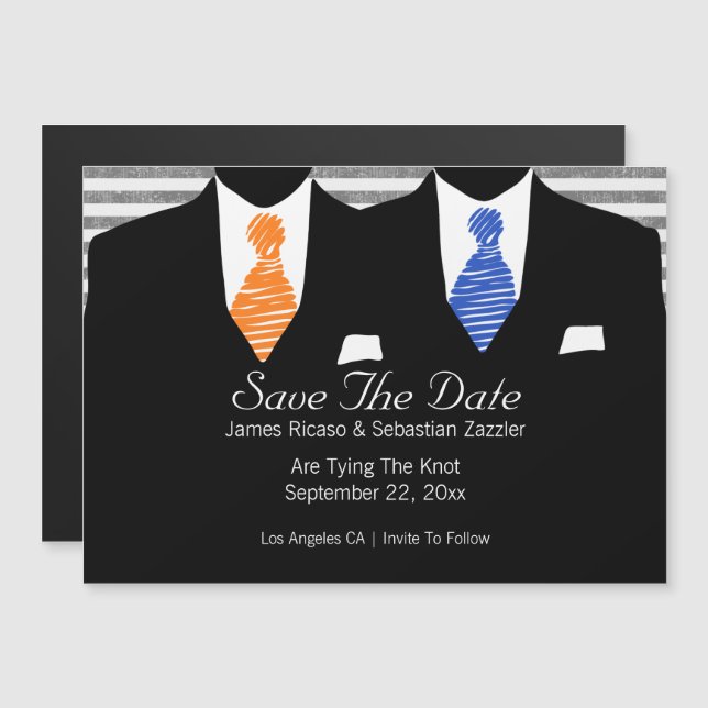 Mr and Mr Suit and Tie Blue / Orange Save The Date Magnetic Invitation (Front/Back)