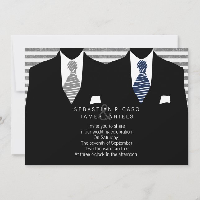 Mr and Mr Suit and Tie (Grey / Blue) Gay Wedding Invitation (Front)