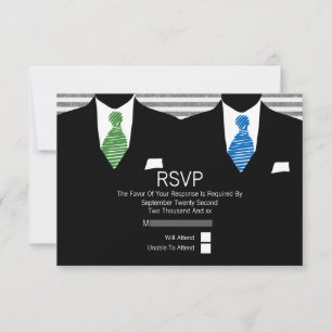 Mr and Mr Suit Green Blue Ties Gay Wedding RSVP V1