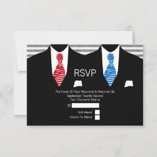 Mr and Mr Suit Red Blue Ties Gay Wedding RSVP Card