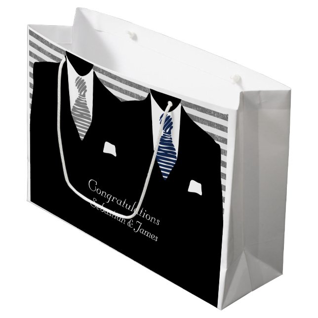 Mr And Mr Suits Blue Grey Wedding Personalized Large Gift Bag (Front Angled)