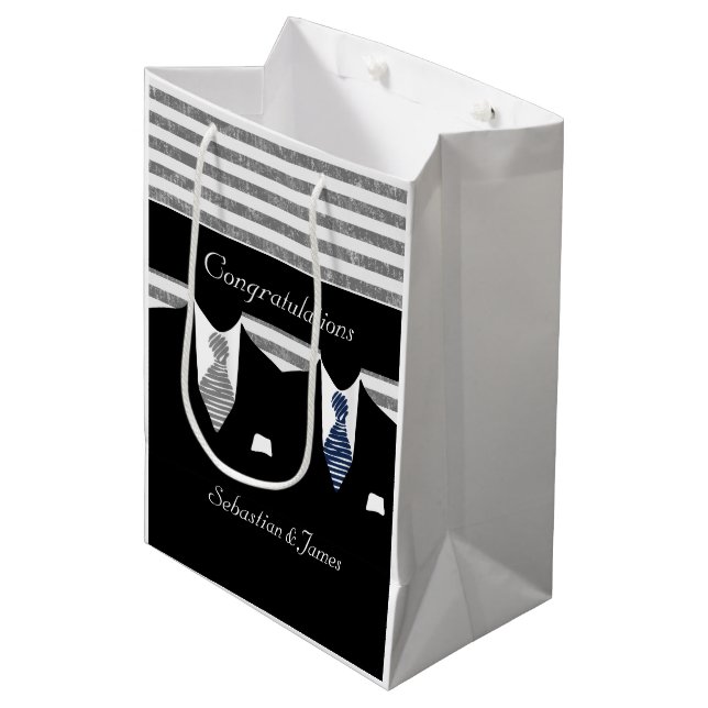 Mr And Mr Suits Wedding Personalized Blue Grey Medium Gift Bag (Front Angled)