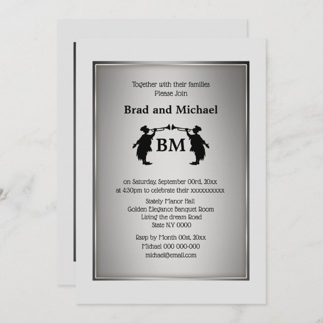 Mr and Mr Trumpet blower grooms silver black white Invitation (Front/Back)