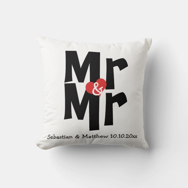 Mr and Mr Two Grooms Personalized Wedding Throw Pillow (Front)