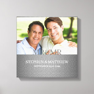 Mr and Mr Two Grooms Silver Damask Photo Canvas Print