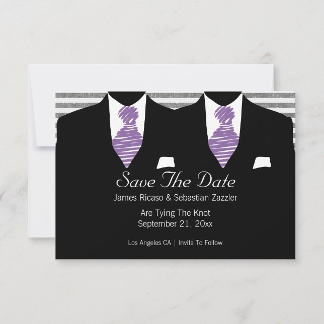 Mr And Mr Two Suits Gay Wedding Purple Save The Date (Front)