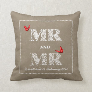 Mr and Mr White Lace  Word Art  Red Butterflies Throw Pillow