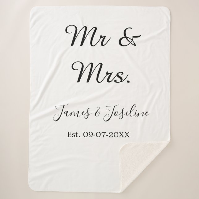 Mr and Mrs add name est. Date year wedding couple  Sherpa Blanket (Front)