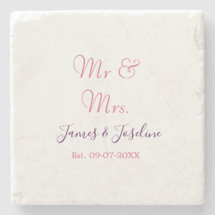 Mr and Mrs add name est. Date year wedding couple  Stone Coaster