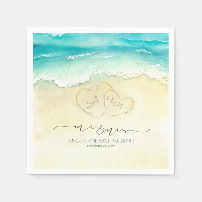 Mr and Mrs Beach Hearts Watercolor Napkin (Front)