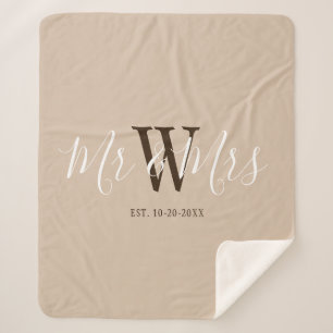 Mr and Mrs Beige Script Family Monogram Name Sherpa Blanket