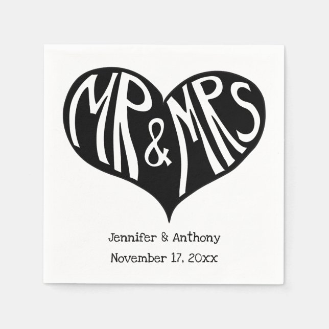 Mr and Mrs Black and White Heart Shape Wedding Napkin (Front)
