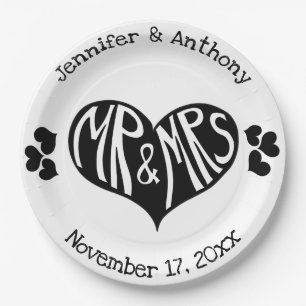 Mr and Mrs Black and White Heart Shape Wedding Paper Plate