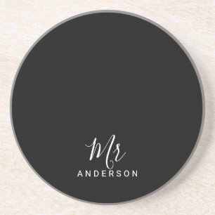 Mr and Mrs   Black and White Modern Script Coaster