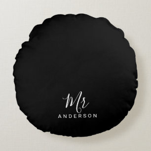 Mr and Mrs   Black and White Modern Script Round Pillow