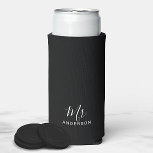 Mr and Mrs   Black and White Modern Script Seltzer Seltzer Can Cooler