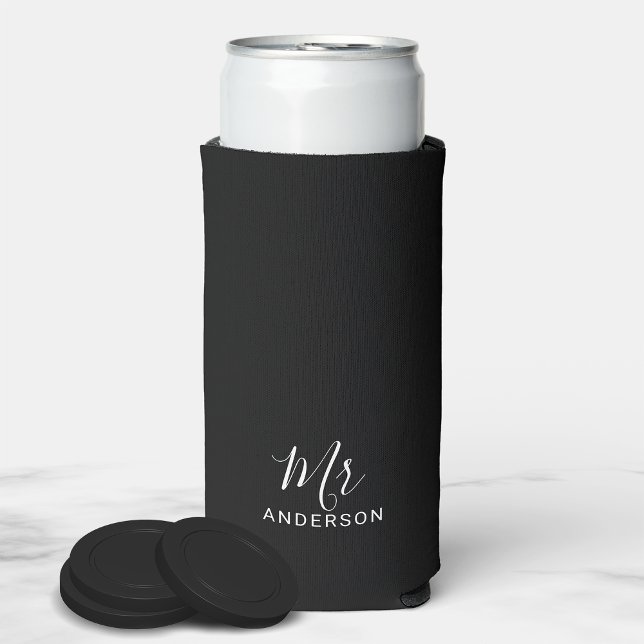 Mr and Mrs | Black and White Modern Script Seltzer Seltzer Can Cooler (Creator Uploaded)