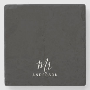 Mr and Mrs   Black and White Modern Script Stone Coaster