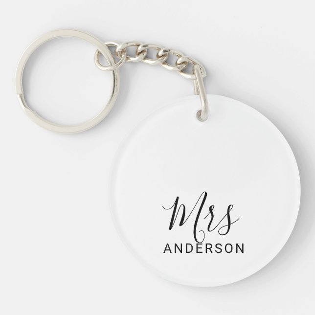 Mr and Mrs | Black and White Modern Script Wedding Keychain (Front)
